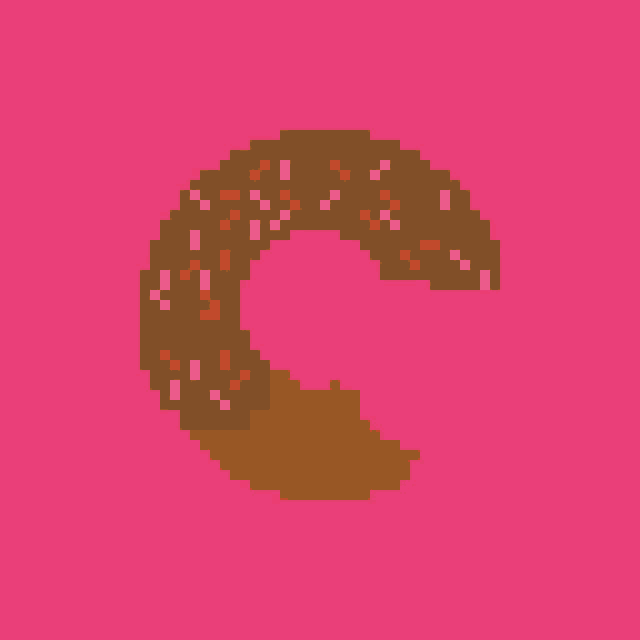 a pixel art of a donut with a bite taken out of it