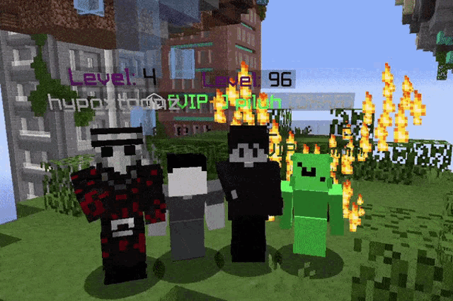 a group of minecraft characters are standing in front of a burning building and a sign that says " level 4 "