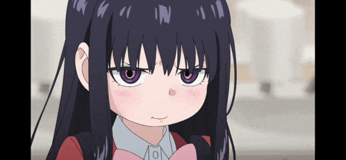 a girl with long black hair and purple eyes is wearing a pink bow