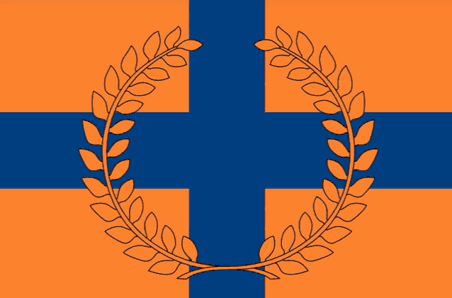 a blue and orange flag with a laurel wreath on it