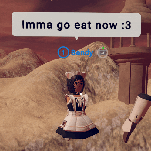 a girl in a maid outfit says imma go eat now 3