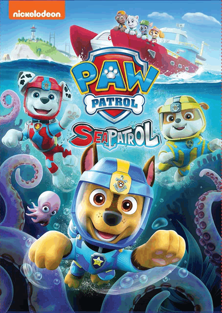 a poster for paw patrol sea patrol shows a group of dogs swimming in the ocean