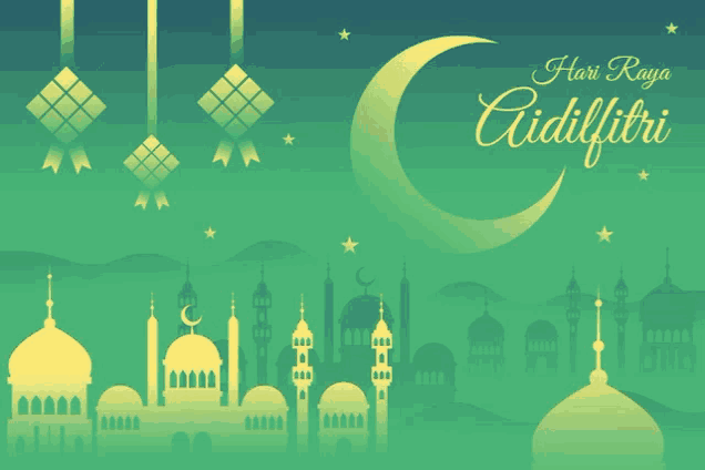 a green background with a crescent moon and the words hari raya aidilfitri on it