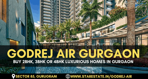 an advertisement for godrej air gurgaon shows a swimming pool and palm trees