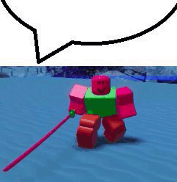 a cartoon of a robot holding a pink stick in a video game .