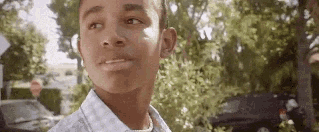 a young boy in a white shirt is standing in front of a tree and looking at the camera .