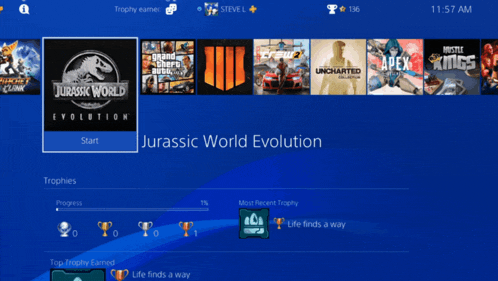 a screen shot of jurassic world evolution shows trophies and progress