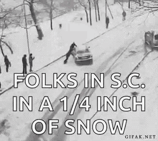 a black and white photo of a snowy street with the caption " folks in s.c. in 1/4 inch of snow "