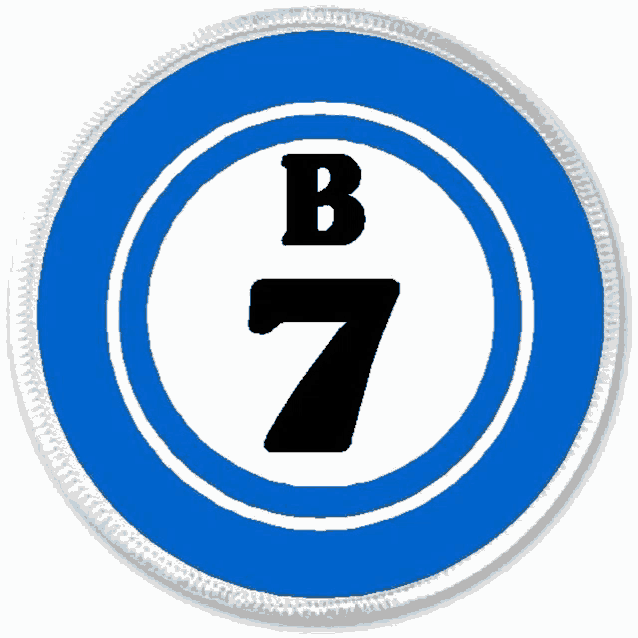 a blue and white circle with a black letter b and a number 7 inside of it .