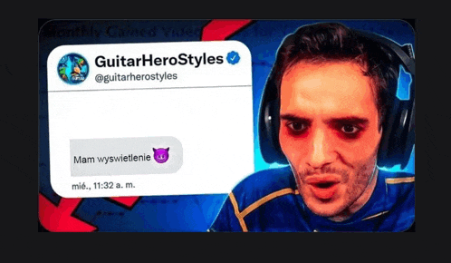 a man wearing headphones has a message from guitarherostyles on his screen