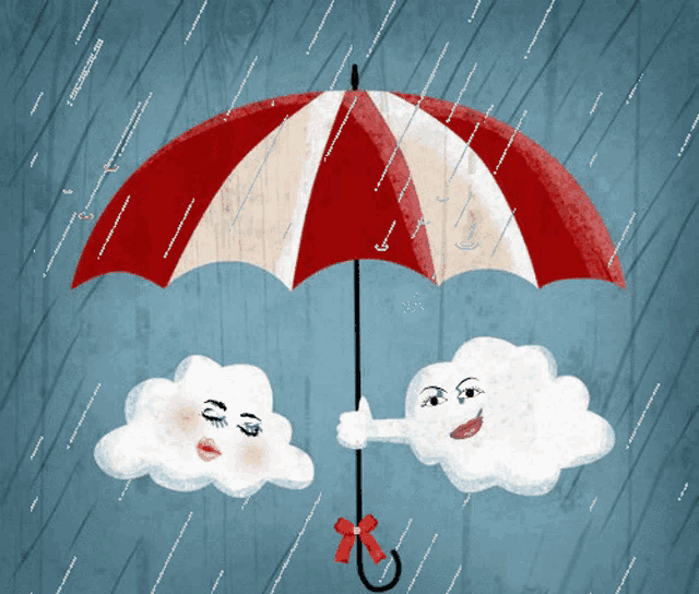 a red and white striped umbrella is being held over two clouds