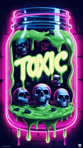 a neon sign with skulls in a jar that says toxic