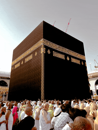 a group of people are gathered in front of a large black building with gold trim