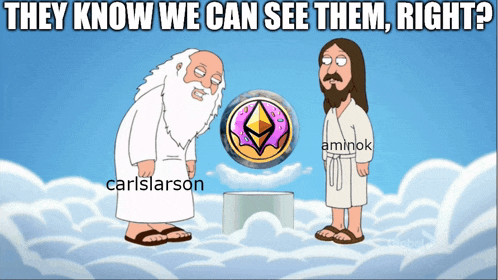 a cartoon of jesus and carlslarson with the words they know we can see them right