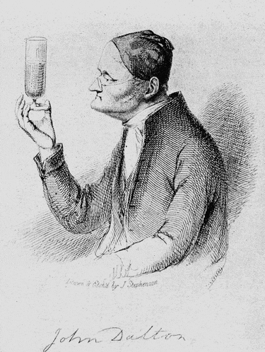 a black and white drawing of a man holding a glass with the name john dalton on it