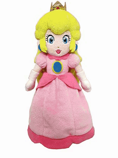 princess peach from super mario bros is a stuffed animal in a pink dress with a crown on her head .