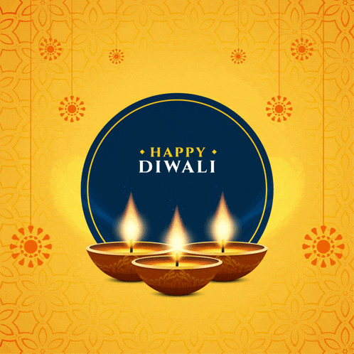 a happy diwali card with three lit candles