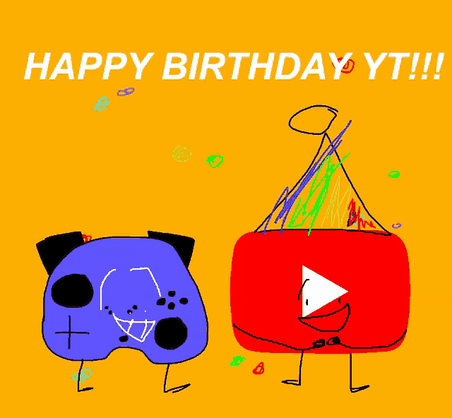 a drawing of a video game controller and a youtube icon says happy birthday yt!