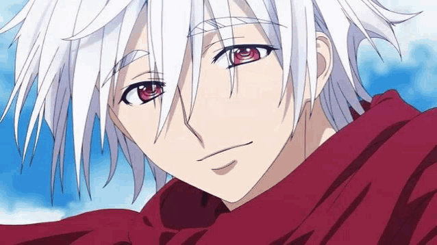 a close up of a anime character with white hair and red eyes wearing a red scarf .