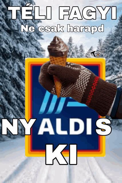 a person is holding an ice cream cone in front of a sign that says ny aldis ki