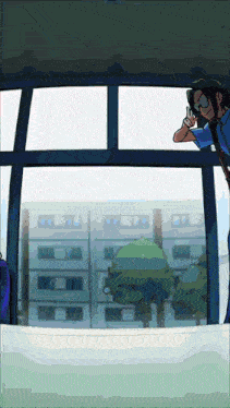 a cartoon of a person looking out a window