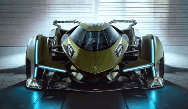 a futuristic car with a lamborghini logo on the front is parked in a garage