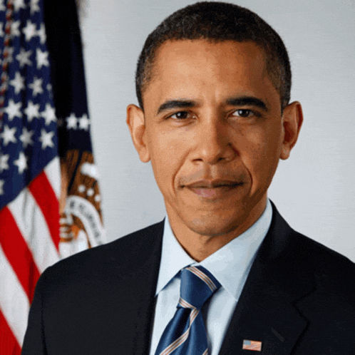 a man in a suit and tie is standing in front of a flag