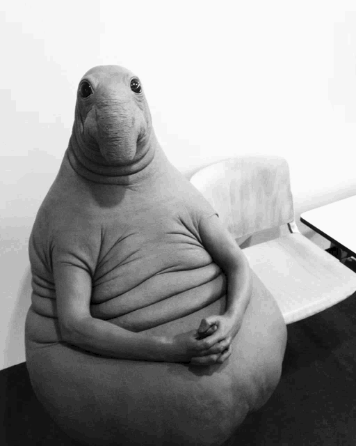 a black and white photo of a stuffed animal sitting on a chair with its hands folded