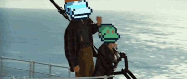 a man and a child on a boat with pixelated faces