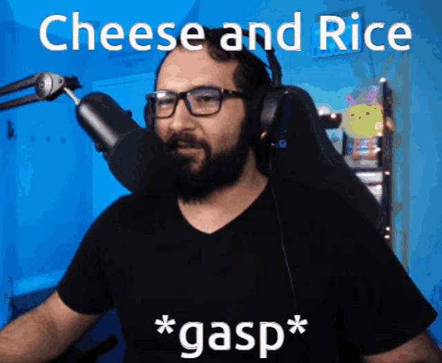 a man wearing glasses and headphones stands in front of a microphone with the words cheese and rice written above him