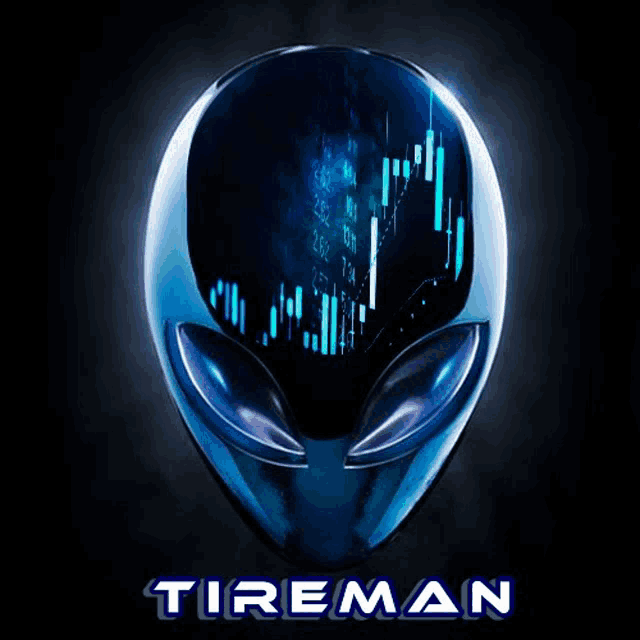 a tireman logo with an alien head and a stock chart