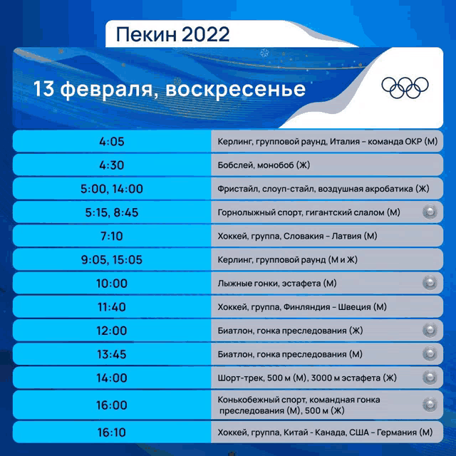 a schedule for the 2022 winter olympics in pekin china