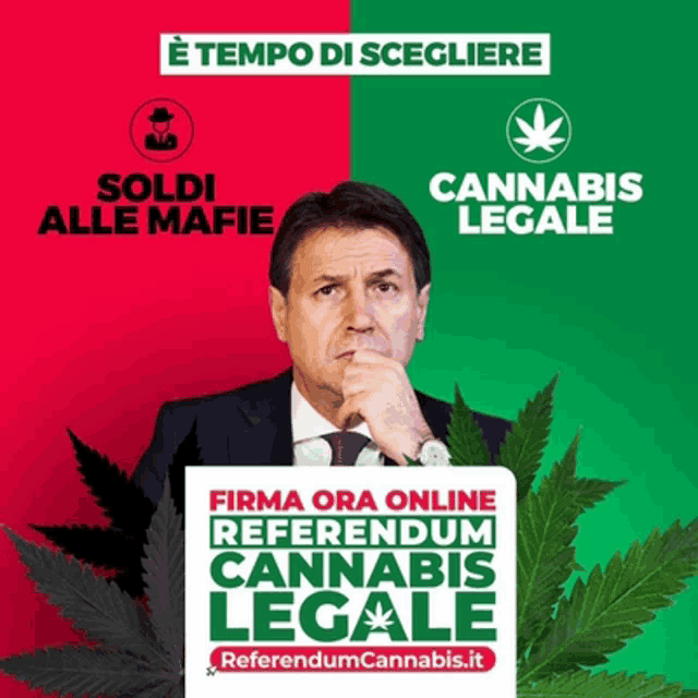 a man in a suit and tie stands in front of a sign that says " firma ora online referendum cannabis legale "