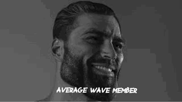 a man with a beard is smiling in a black and white photo with the words `` average wave member '' .