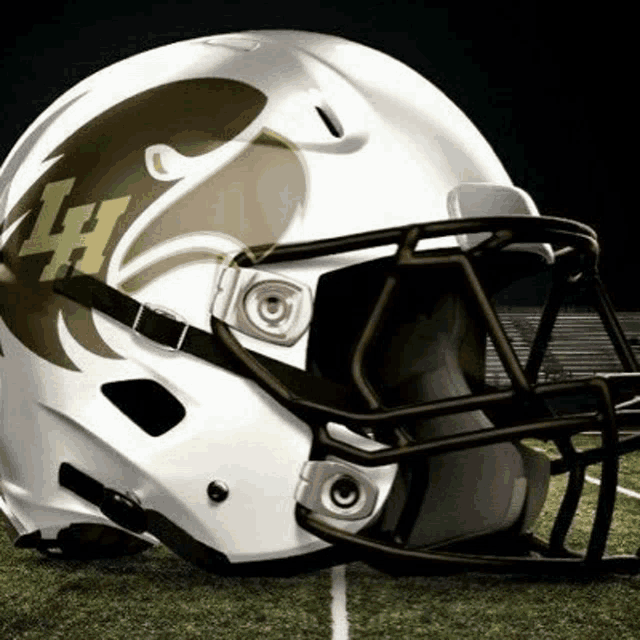 a white football helmet with a brown logo on it is sitting on a field .