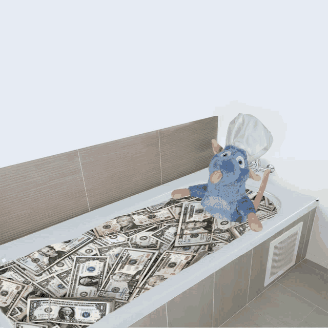 a bathtub filled with money and a stuffed rat