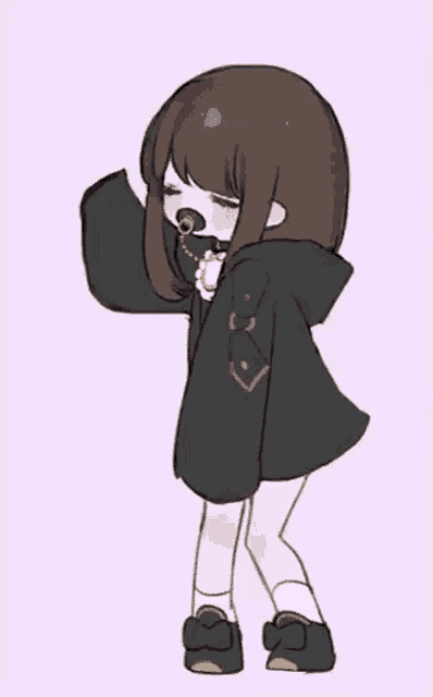 a drawing of a girl wearing a black hoodie and a pacifier in her mouth .