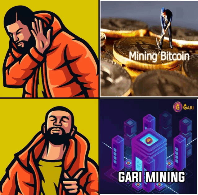 a cartoon of a man making a peace sign next to a picture of mining bitcoin