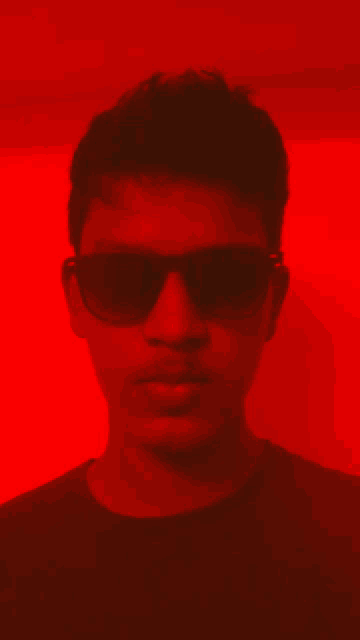 a man wearing sunglasses is standing in front of a red background .