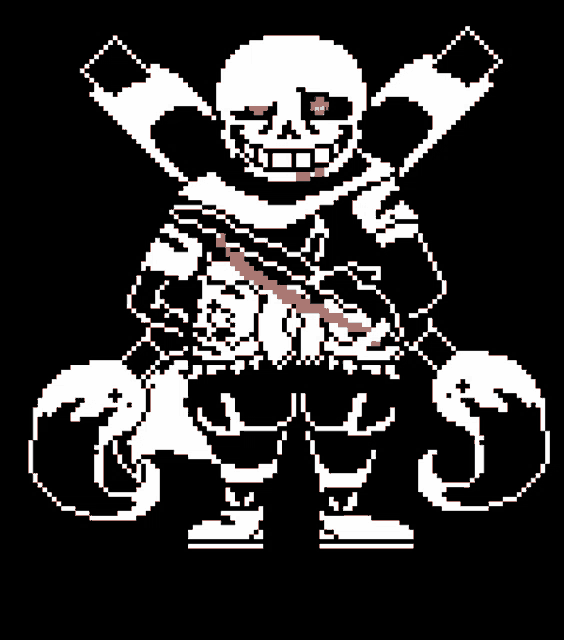 a pixel art drawing of a skeleton holding a pair of crossed sticks .