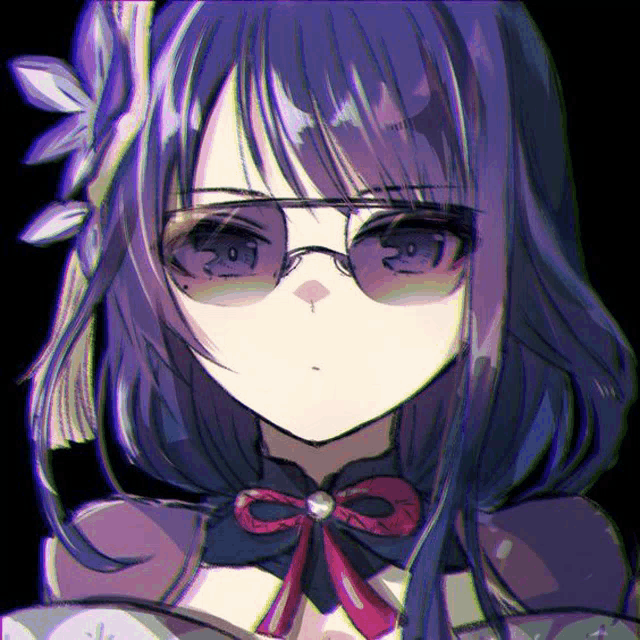 a purple haired anime girl wearing sunglasses and a bow