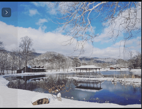 a snow covered lake with a gazebo in the middle of it