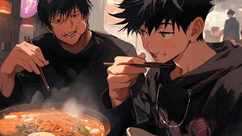 two anime characters are eating noodles with chopsticks from a bowl