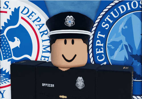 a police officer is smiling in front of a sign that says department of justice