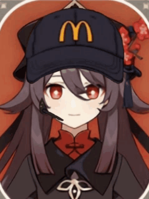 a girl is wearing a mcdonald 's hat with a m on it