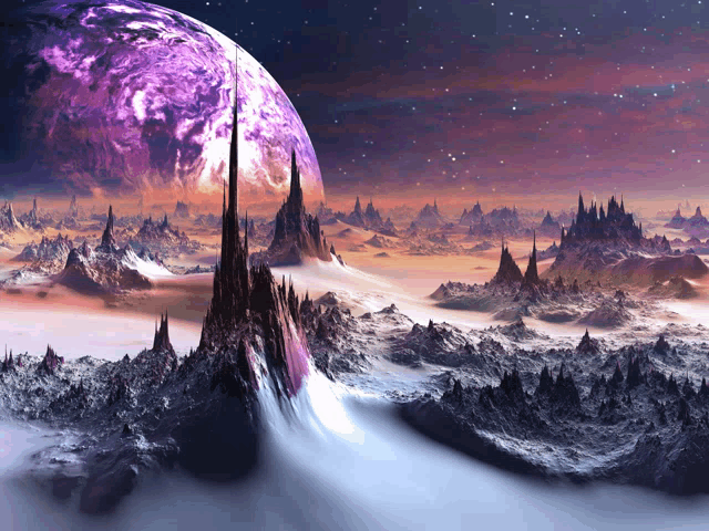 a purple planet is visible in the sky above a landscape of mountains