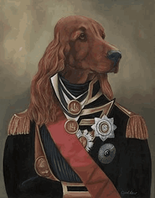 a painting of a spaniel dressed as a military officer .