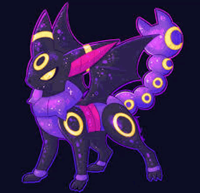 a glow in the dark drawing of a pokemon with a purple and black body .