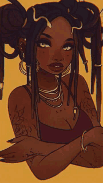 a cartoon drawing of a woman with dreadlocks and tattoos