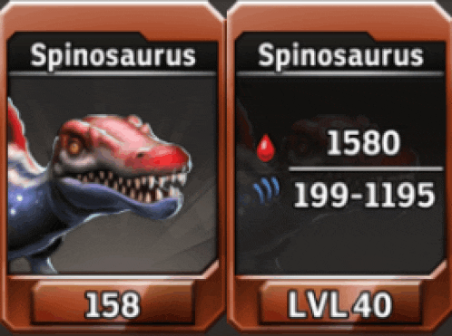 a spinosaurus card with 158 and lvl40 written on it